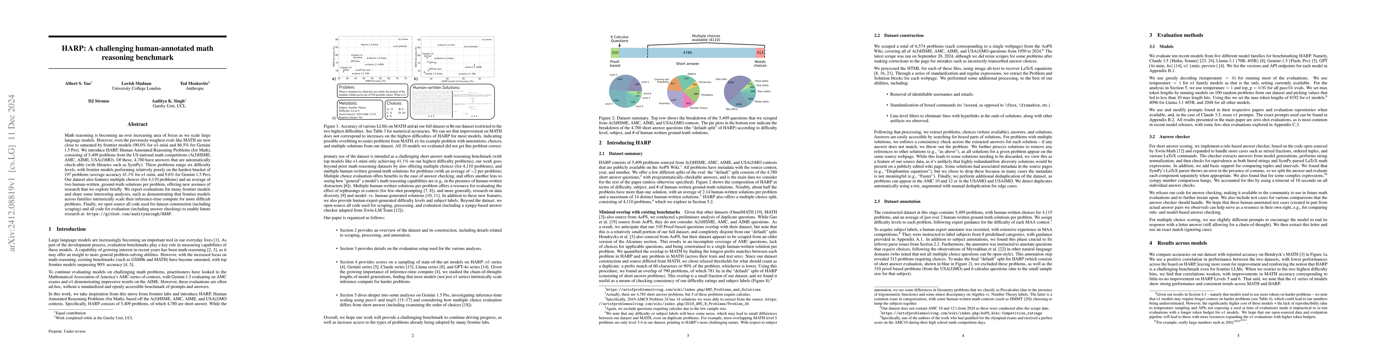 Thumbnail for HARP: A challenging human-annotated math reasoning benchmark