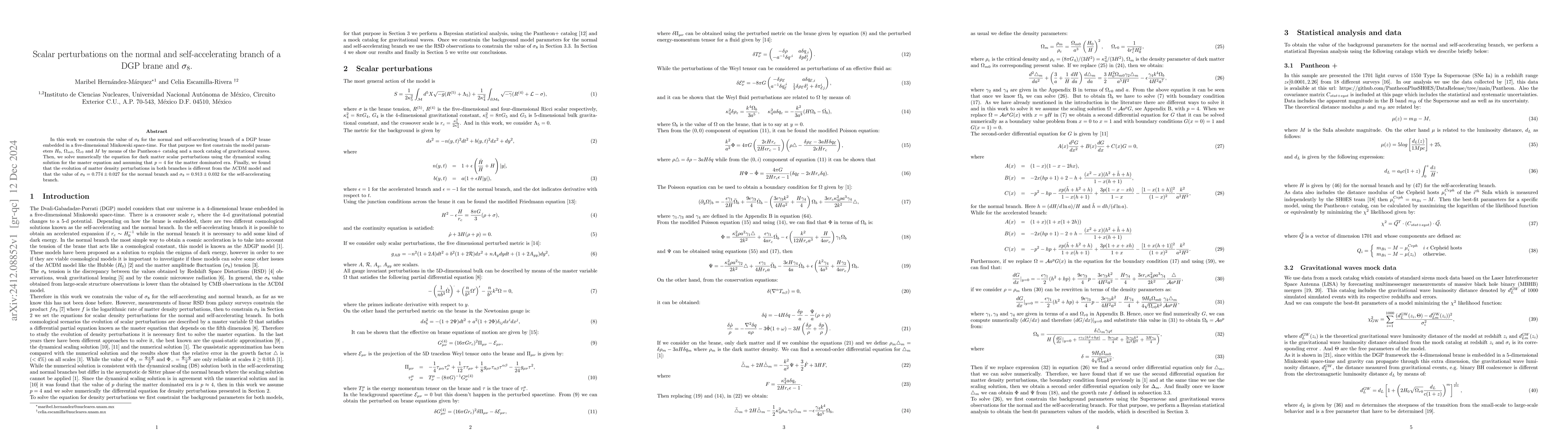 Thumbnail for Scalar perturbations on the normal and self-accelerating branch of a DGP
  brane and $σ_8$