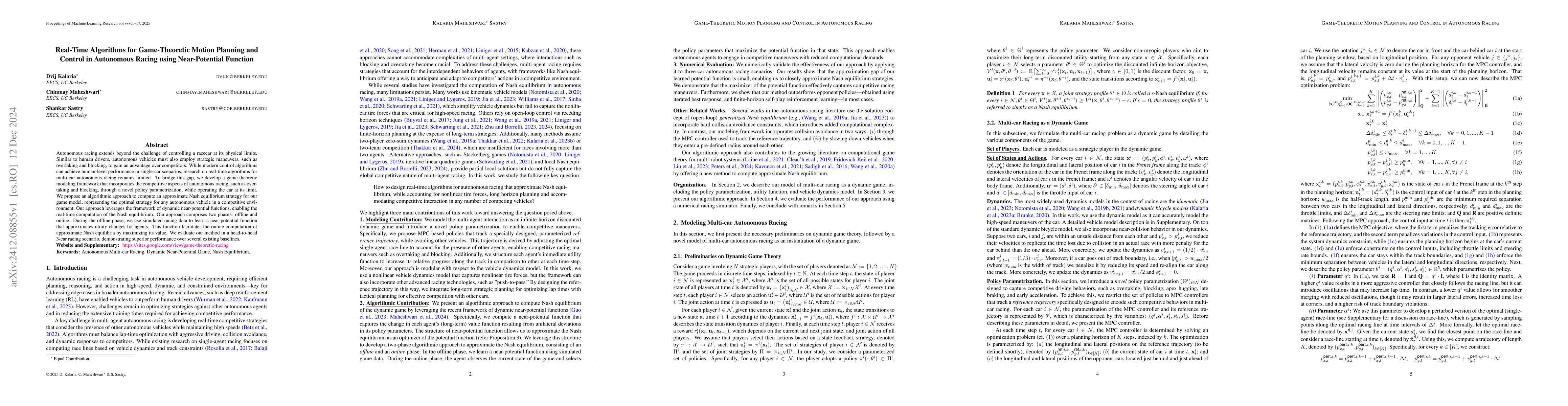 Thumbnail for Real-Time Algorithms for Game-Theoretic Motion Planning and Control in
  Autonomous Racing using Near-Potential Function