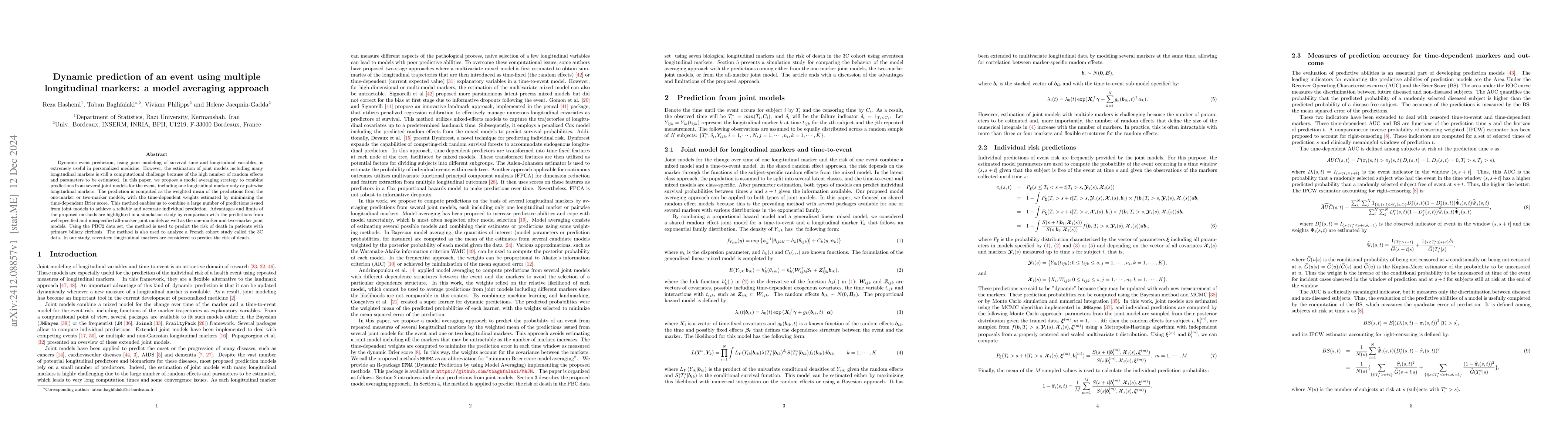 Thumbnail for Dynamic prediction of an event using multiple longitudinal markers: a
  model averaging approach