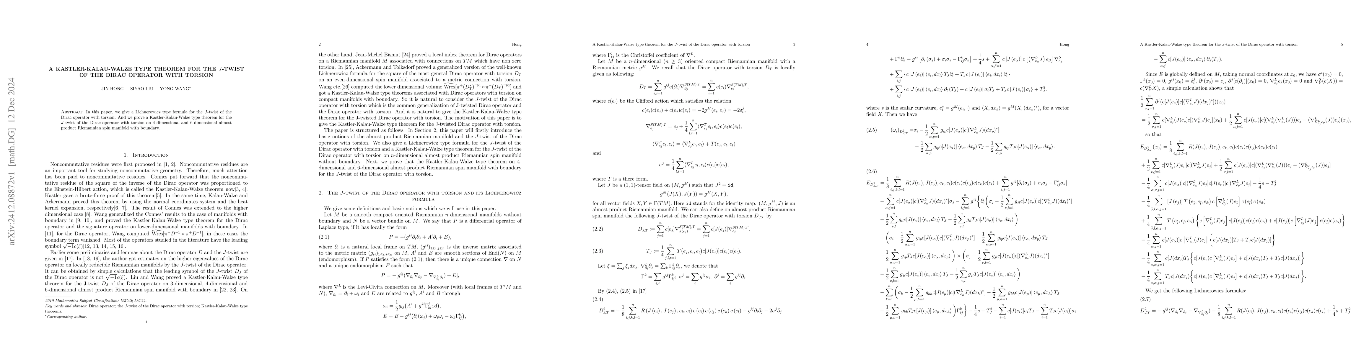 Thumbnail for A Kastler-Kalau-Walze type theorem for the $J$-twist of the Dirac
  operator with torsion