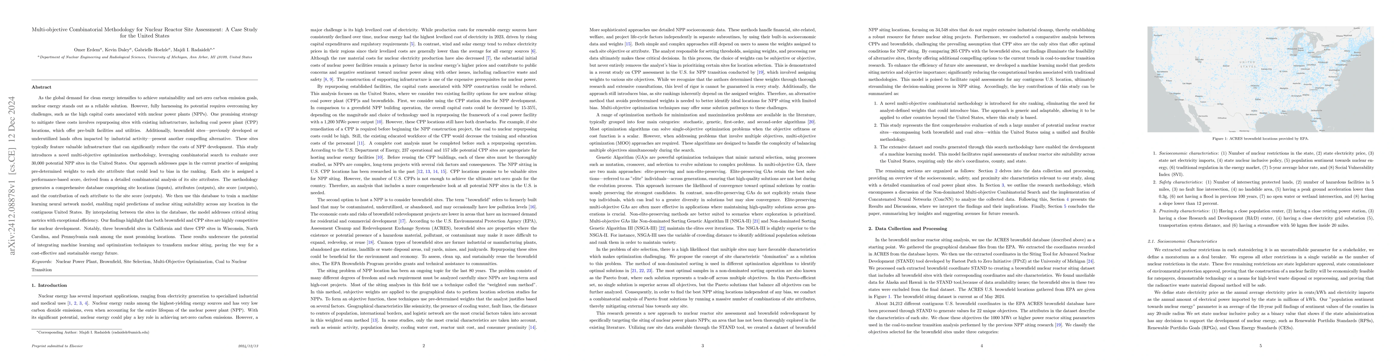 Thumbnail for Multi-objective Combinatorial Methodology for Nuclear Reactor Site
  Assessment: A Case Study for the United States