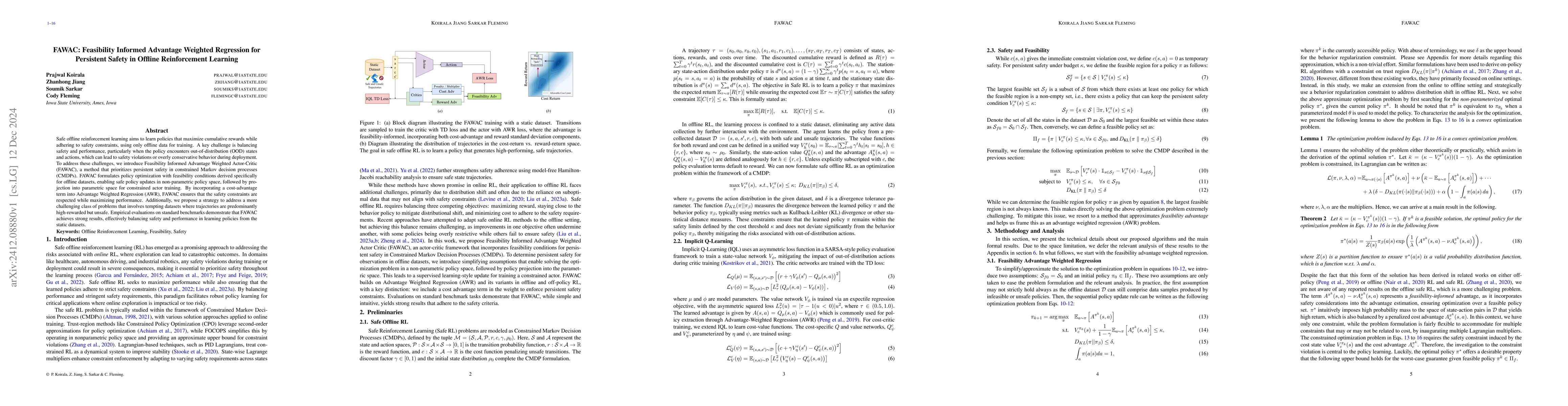 Thumbnail for FAWAC: Feasibility Informed Advantage Weighted Regression for Persistent
  Safety in Offline Reinforcement Learning
