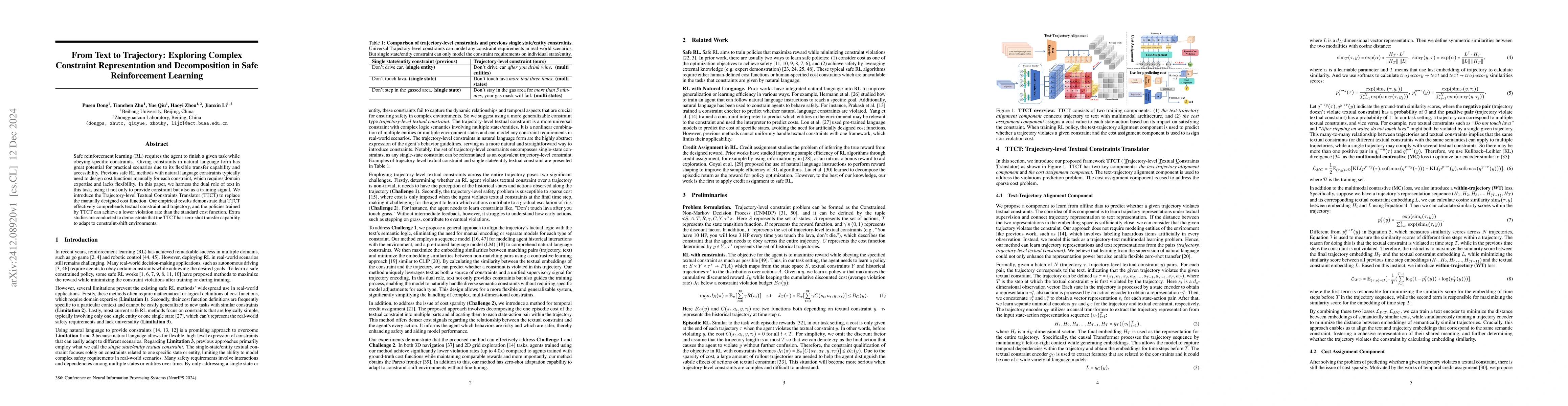 Thumbnail for From Text to Trajectory: Exploring Complex Constraint Representation and
  Decomposition in Safe Reinforcement Learning