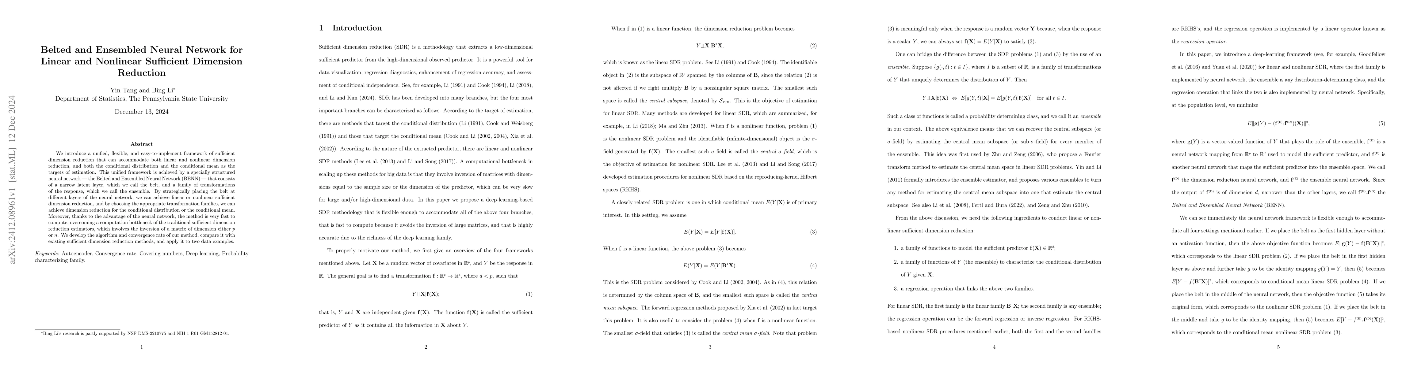 Thumbnail for Belted and Ensembled Neural Network for Linear and Nonlinear Sufficient
  Dimension Reduction