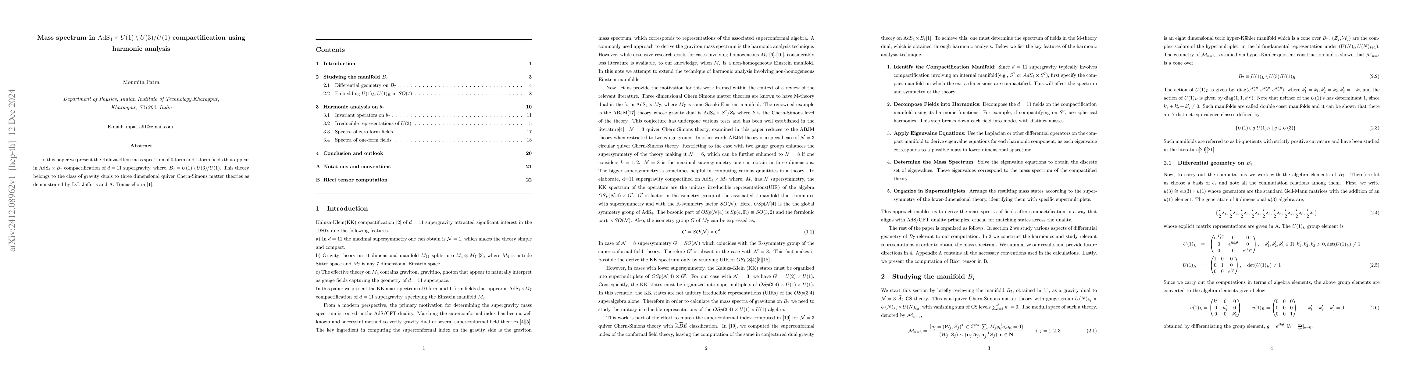Thumbnail for Mass spectrum in AdS$_4\times U(1)\setminus U(3)/U(1) $ compactification
  using harmonic analysis