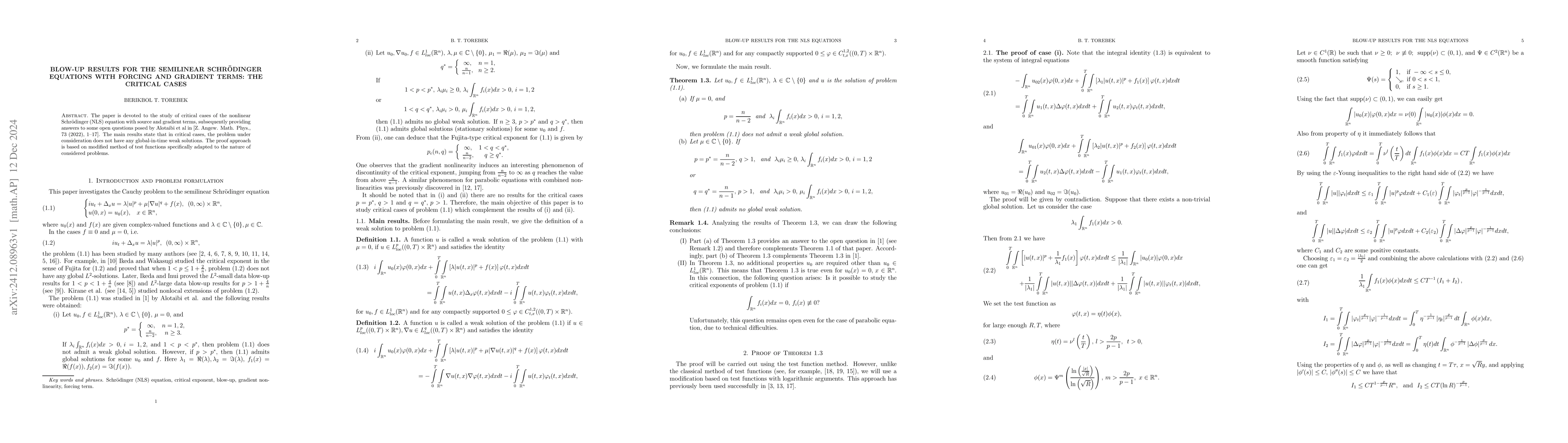 Thumbnail for Blow-up results for the semilinear Schrödinger equations with
  forcing and gradient terms: the critical cases
