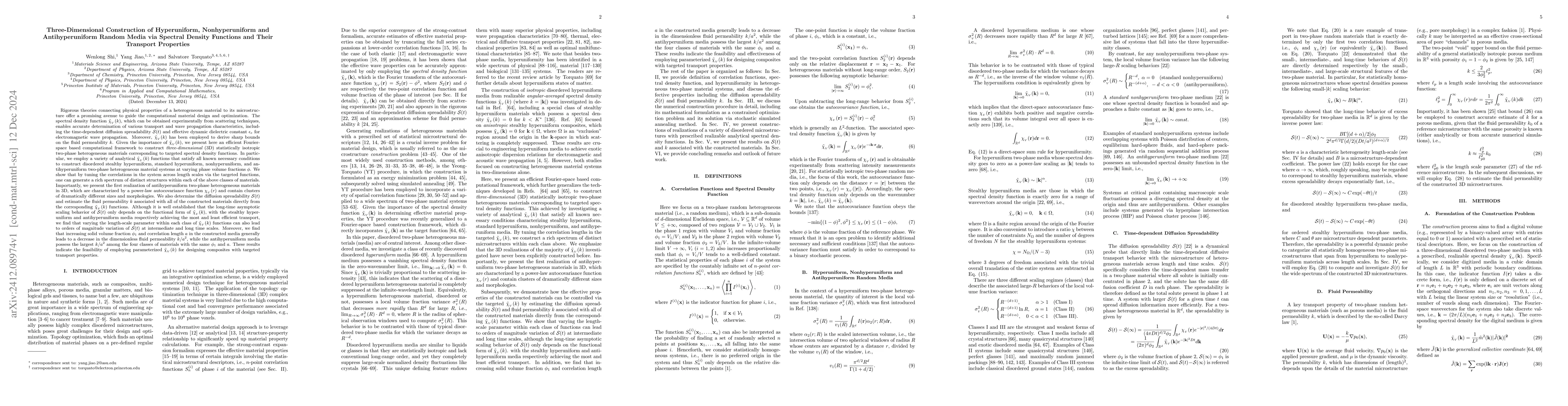 Thumbnail for Three-Dimensional Construction of Hyperuniform, Nonhyperuniform and
  Antihyperuniform Random Media via Spectral Density Functions and Their
  Transport Properties