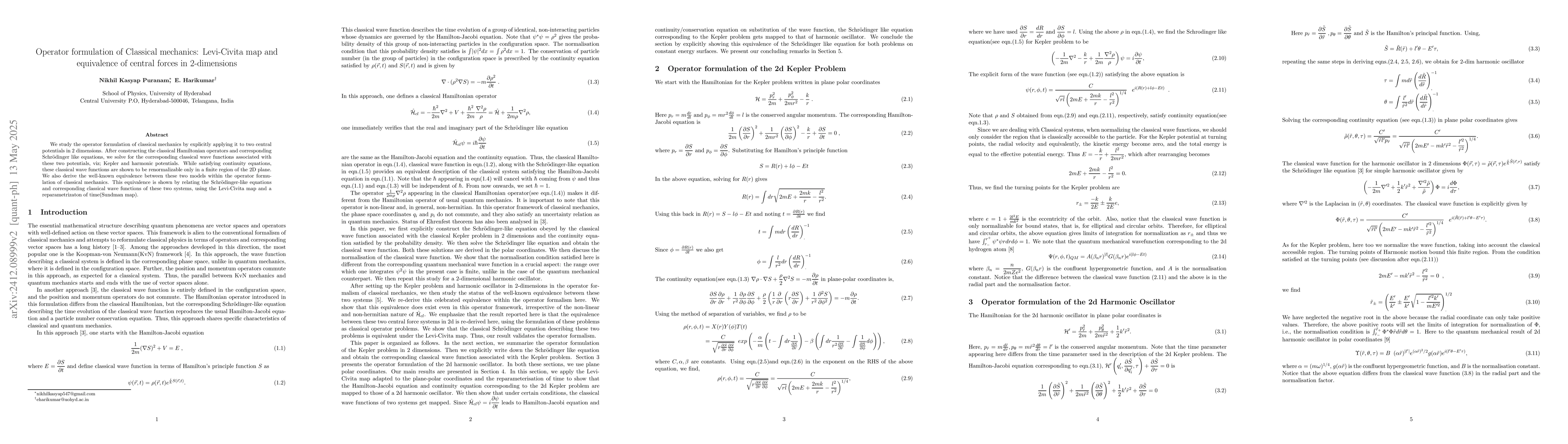 Thumbnail for Operator formulation of Classical mechanics: Levi-Civita map and
  equivalence of central forces in 2-dimensions