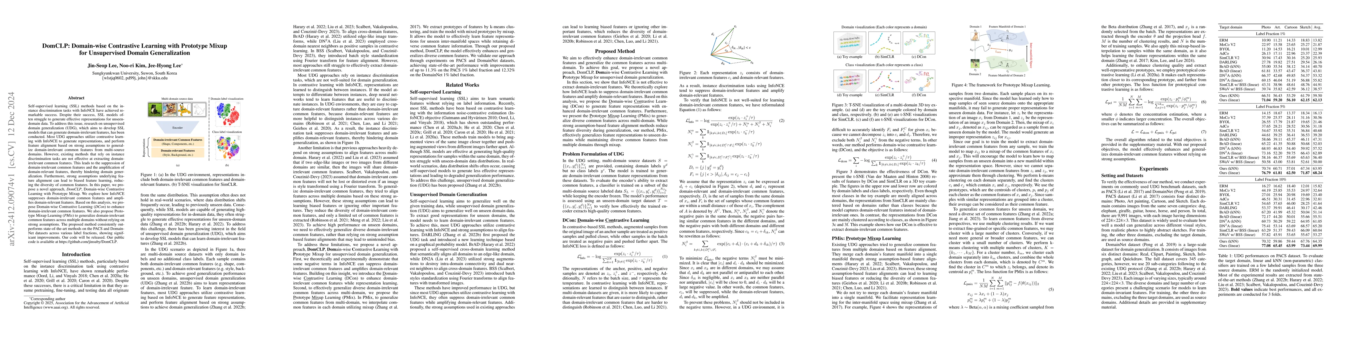 Thumbnail for DomCLP: Domain-wise Contrastive Learning with Prototype Mixup for
  Unsupervised Domain Generalization