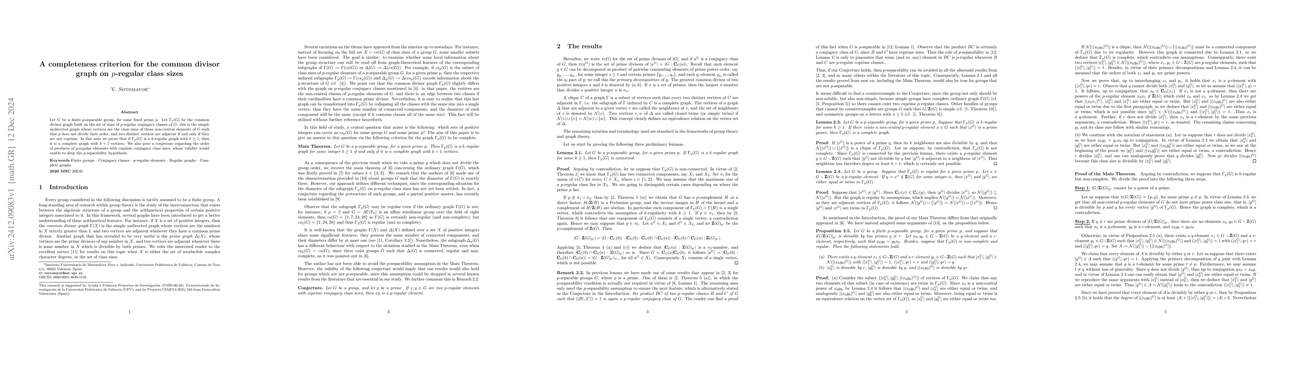 Thumbnail for A completeness criterion for the common divisor graph on $p$-regular
  class sizes