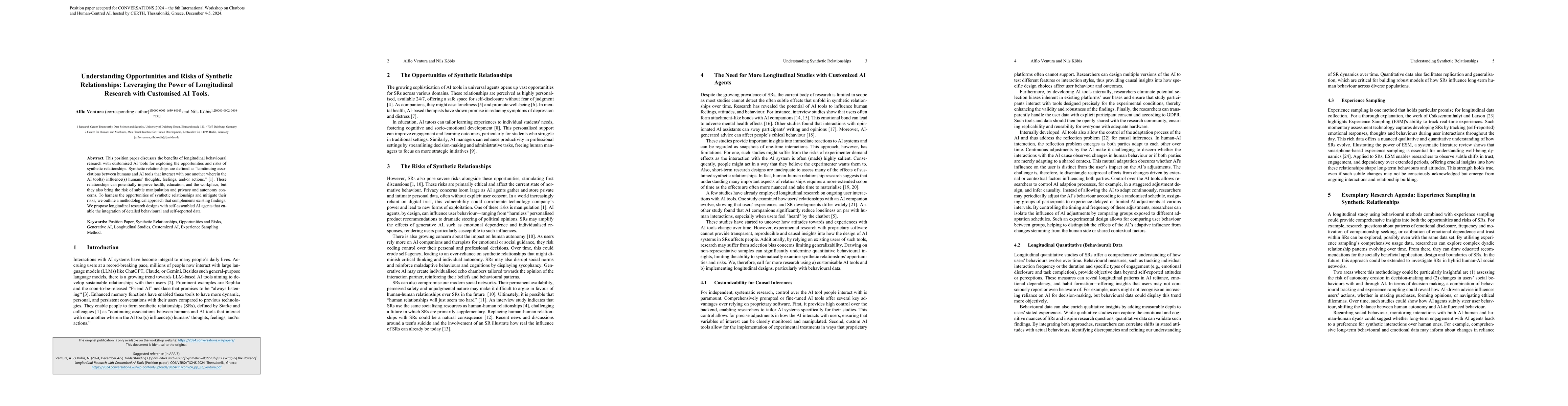 Thumbnail for Understanding Opportunities and Risks of Synthetic Relationships:
  Leveraging the Power of Longitudinal Research with Customised AI Tools