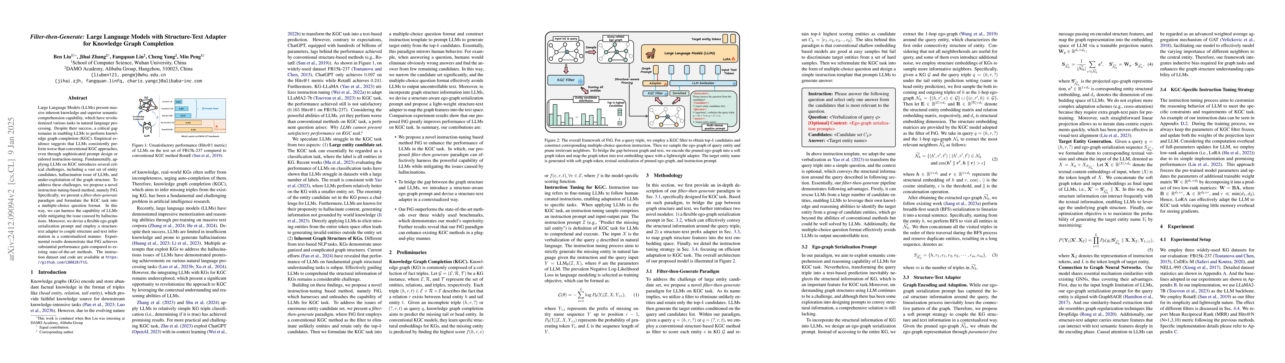Thumbnail for Filter-then-Generate: Large Language Models with Structure-Text Adapter
  for Knowledge Graph Completion