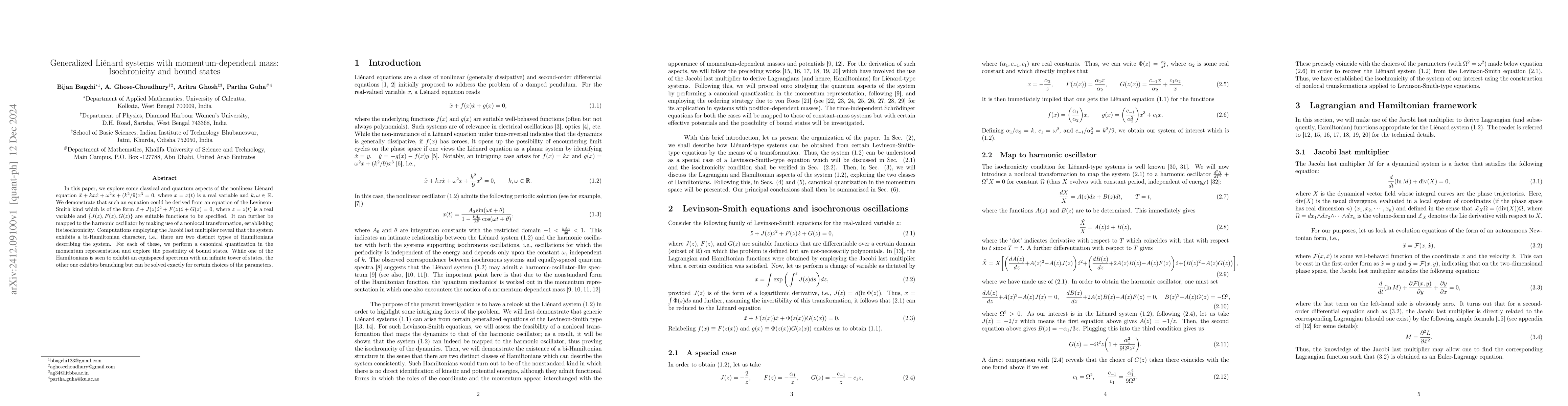 Thumbnail for Generalized Liénard systems with momentum-dependent mass:
  Isochronicity and bound states