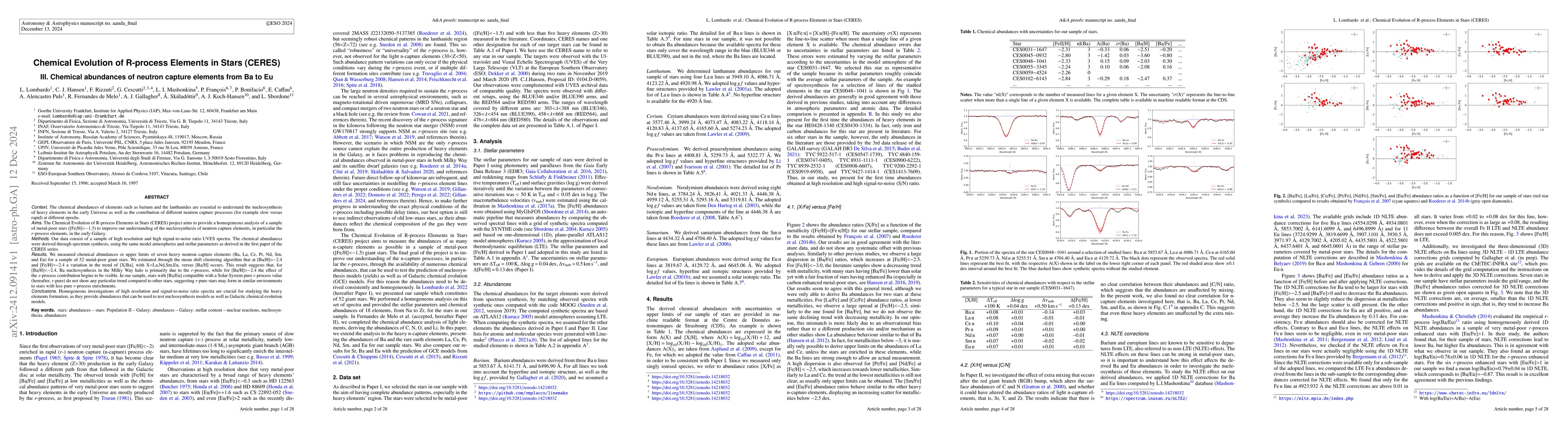 Thumbnail for Chemical Evolution of R-process Elements in Stars (CERES). III. Chemical
  abundances of neutron capture elements from Ba to Eu