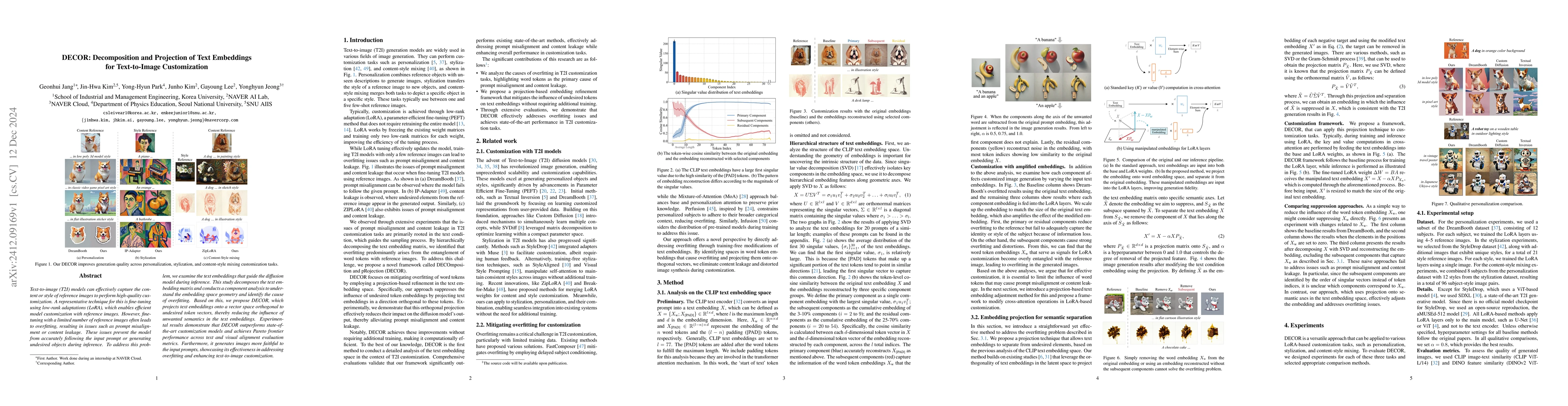 Thumbnail for DECOR:Decomposition and Projection of Text Embeddings for Text-to-Image
  Customization