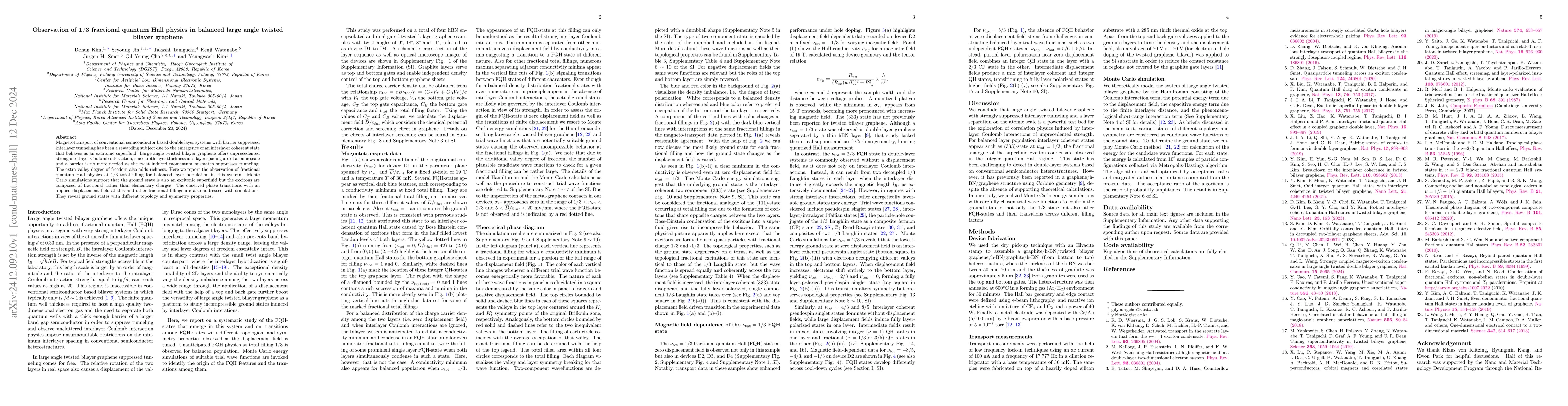 Thumbnail for Observation of 1/3 fractional quantum Hall physics in balanced large
  angle twisted bilayer graphene
