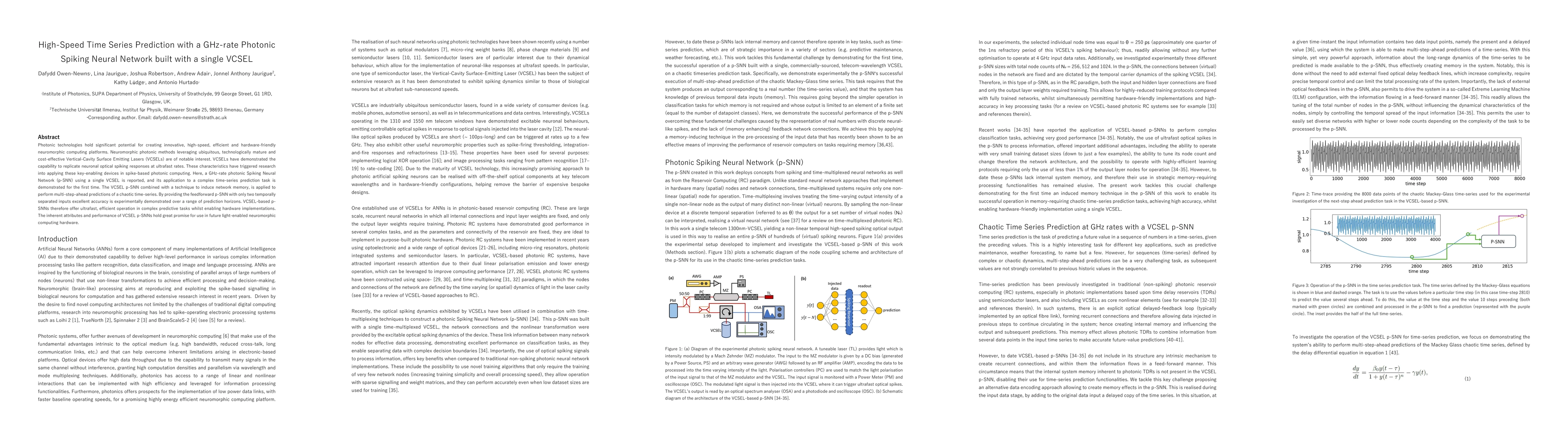 Thumbnail for High-Speed Time Series Prediction with a GHz-rate Photonic Spiking
  Neural Network built with a single VCSEL