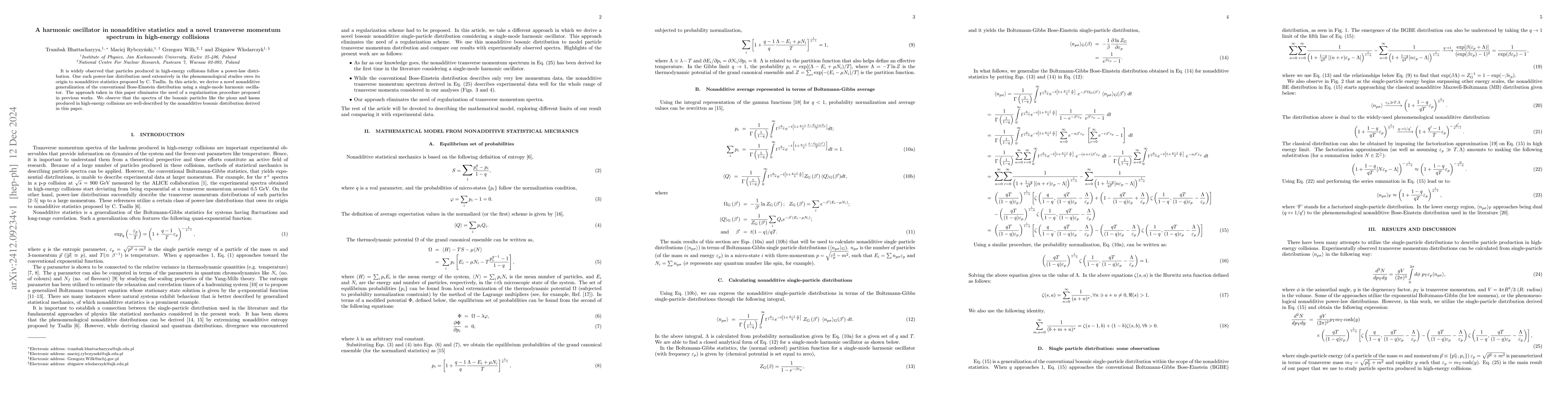 Thumbnail for A harmonic oscillator in nonadditive statistics and a novel transverse
  momentum spectrum in high-energy collisions