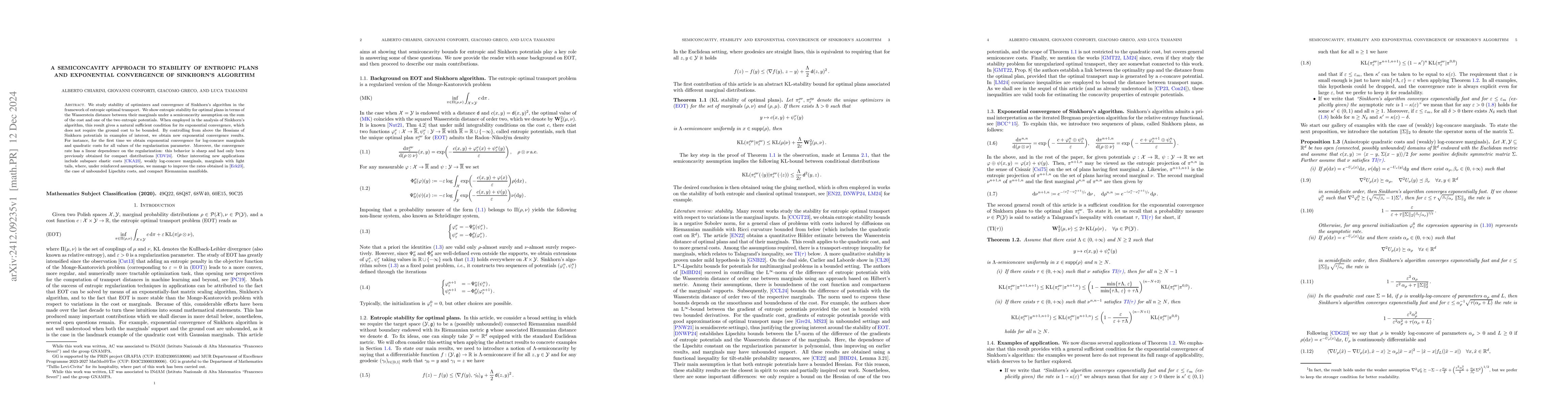 Thumbnail for A semiconcavity approach to stability of entropic plans and exponential
  convergence of Sinkhorn's algorithm