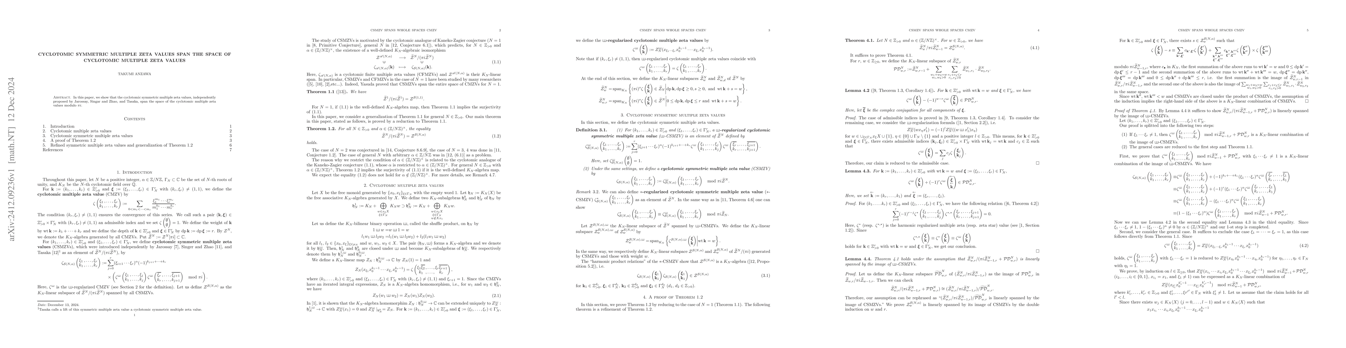 Thumbnail for Cyclotomic symmetric multiple zeta values span the space of cyclotomic
  multiple zeta values