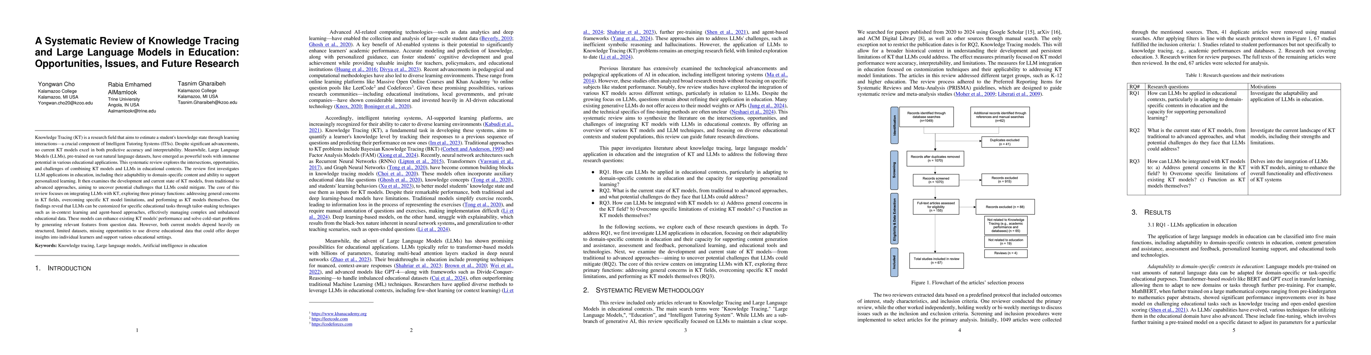 Thumbnail for A Systematic Review of Knowledge Tracing and Large Language Models in
  Education: Opportunities, Issues, and Future Research