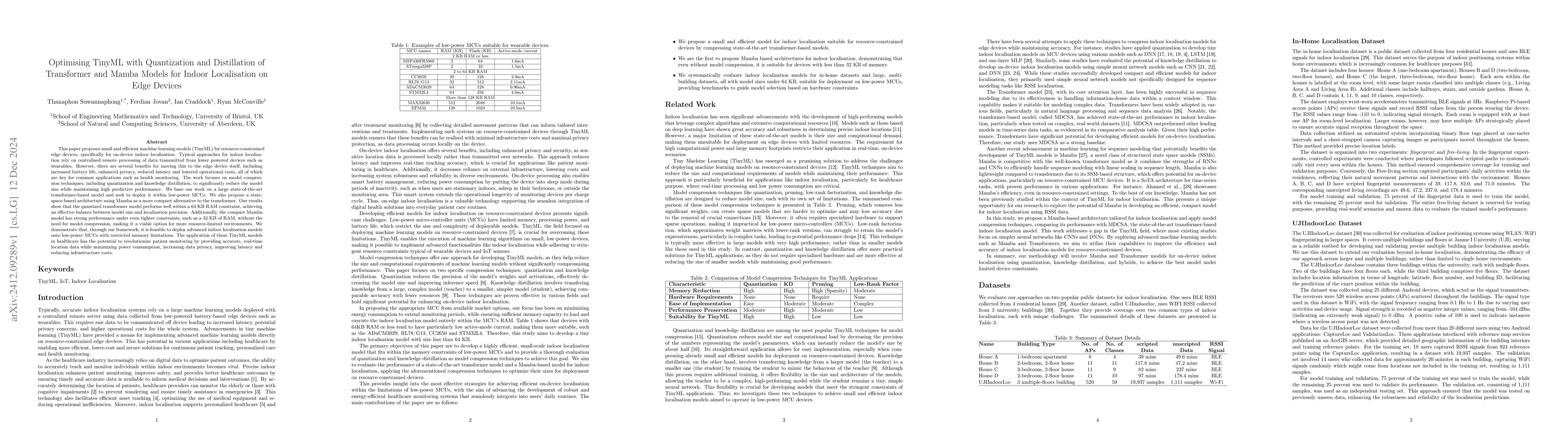 Thumbnail for Optimising TinyML with Quantization and Distillation of Transformer and
  Mamba Models for Indoor Localisation on Edge Devices