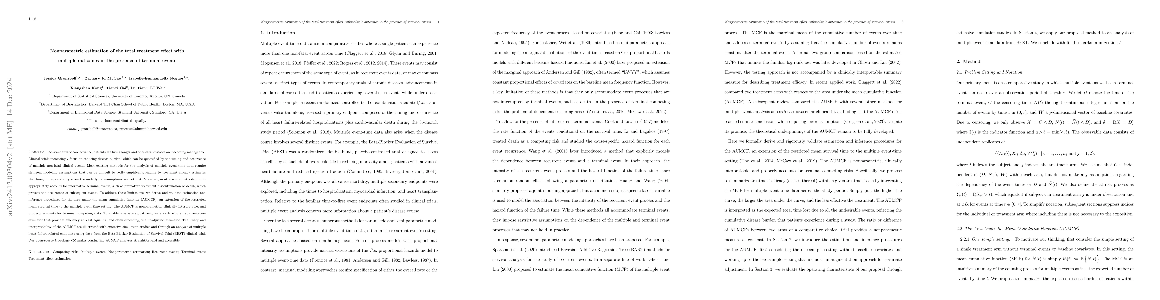 Thumbnail for Nonparametric estimation of the total treatment effect with multiple
  outcomes in the presence of terminal events