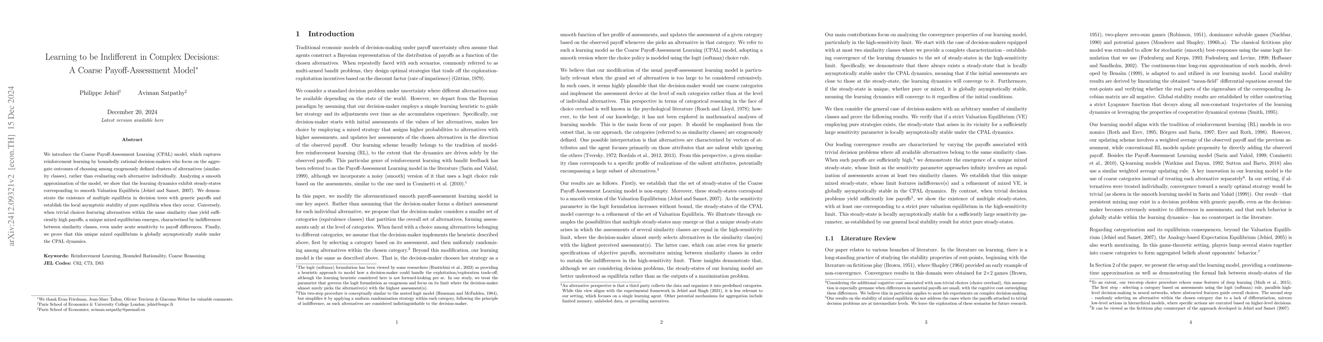 Thumbnail for Learning to be Indifferent in Complex Decisions: A Coarse
  Payoff-Assessment Model