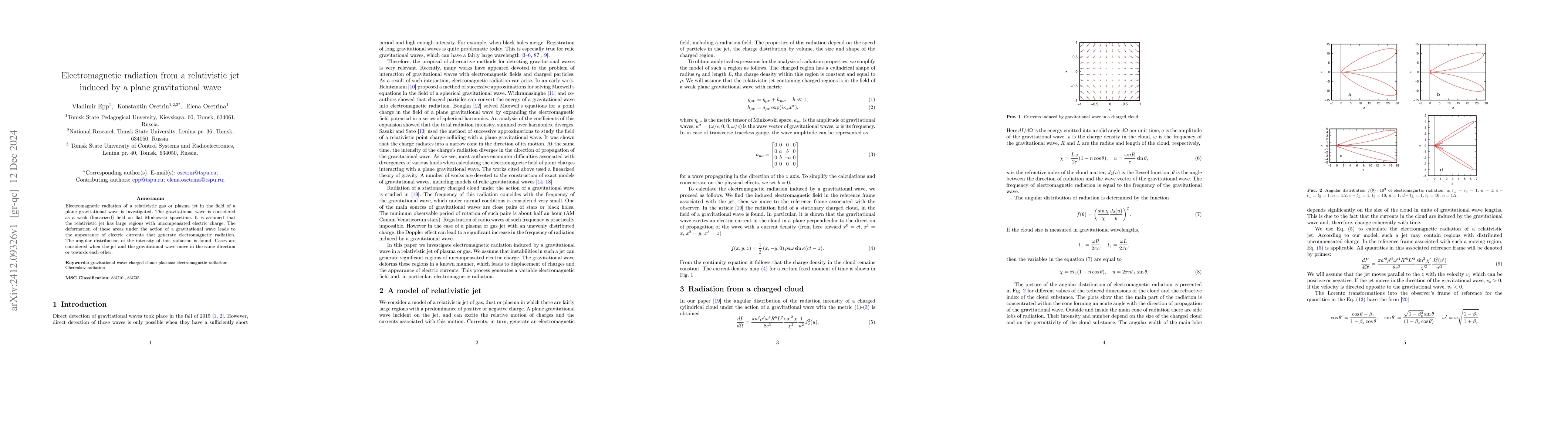 Thumbnail for Electromagnetic radiation from a relativistic jet induced by a plane
  gravitational wave