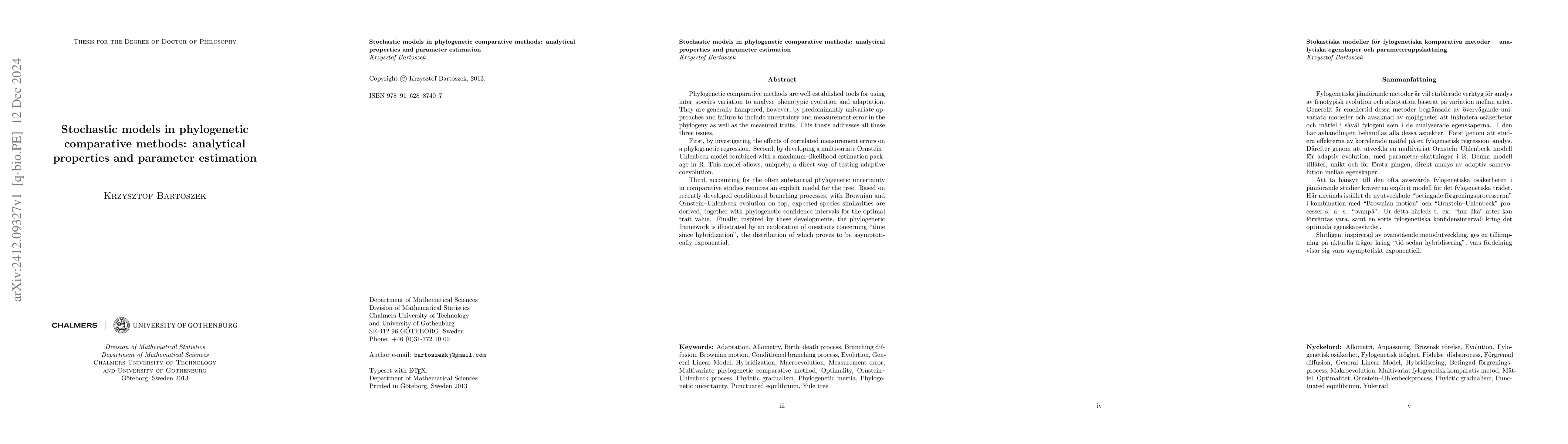 Thumbnail for Stochastic models in phylogenetic comparative methods: analytical
  properties and parameter estimation