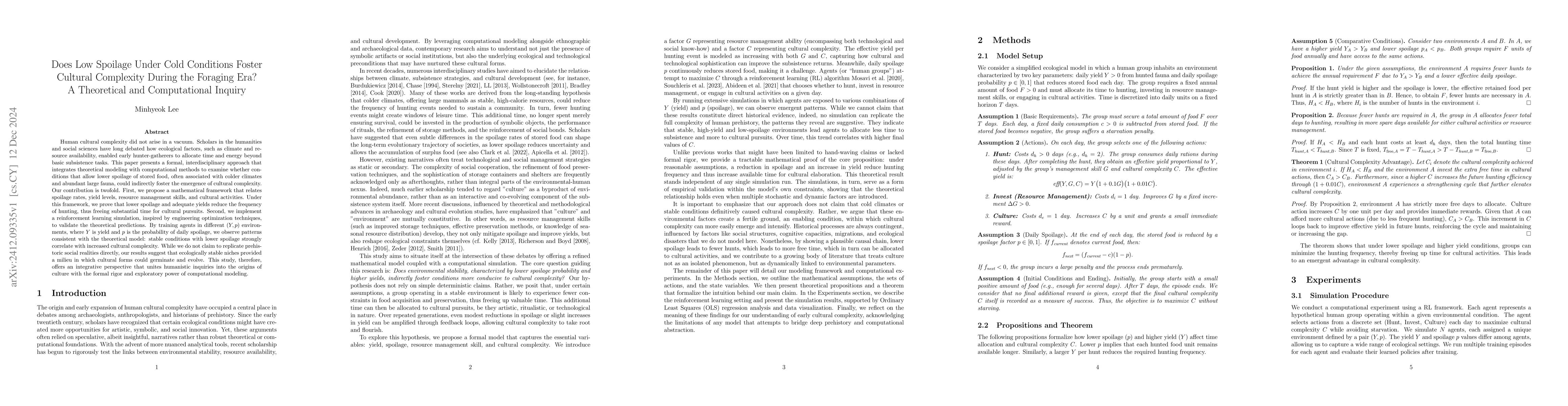 Thumbnail for Does Low Spoilage Under Cold Conditions Foster Cultural Complexity
  During the Foraging Era? -- A Theoretical and Computational Inquiry