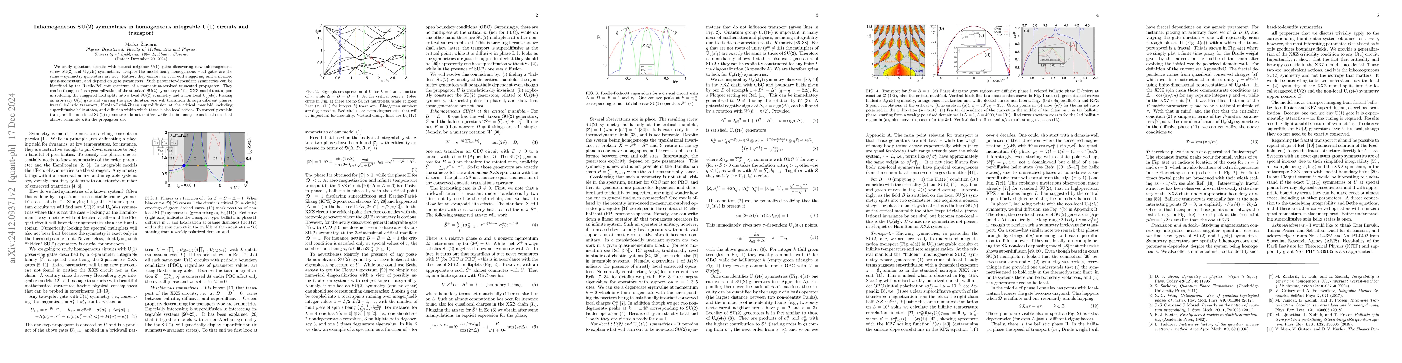 Thumbnail for Inhomogeneous SU(2) symmetries in homogeneous integrable U(1) circuits
  and transport