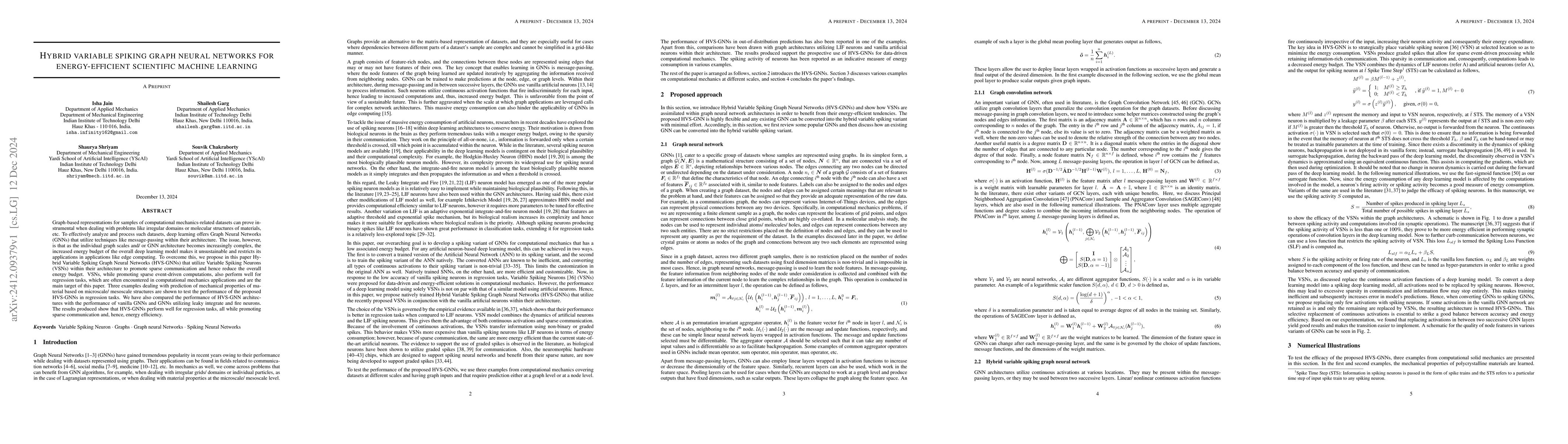 Thumbnail for Hybrid variable spiking graph neural networks for energy-efficient
  scientific machine learning