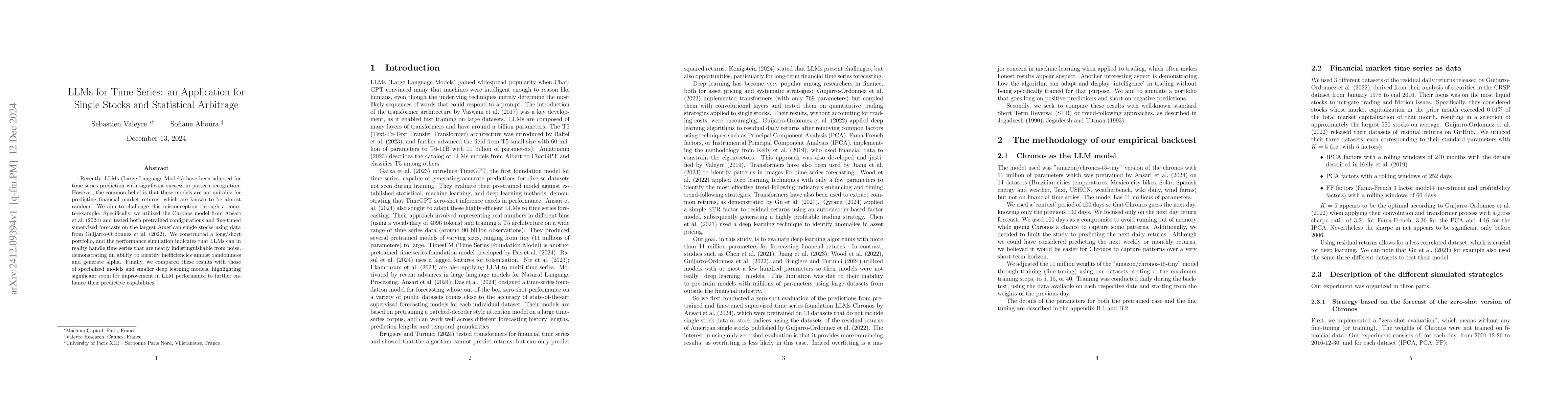 Thumbnail for LLMs for Time Series: an Application for Single Stocks and Statistical
  Arbitrage
