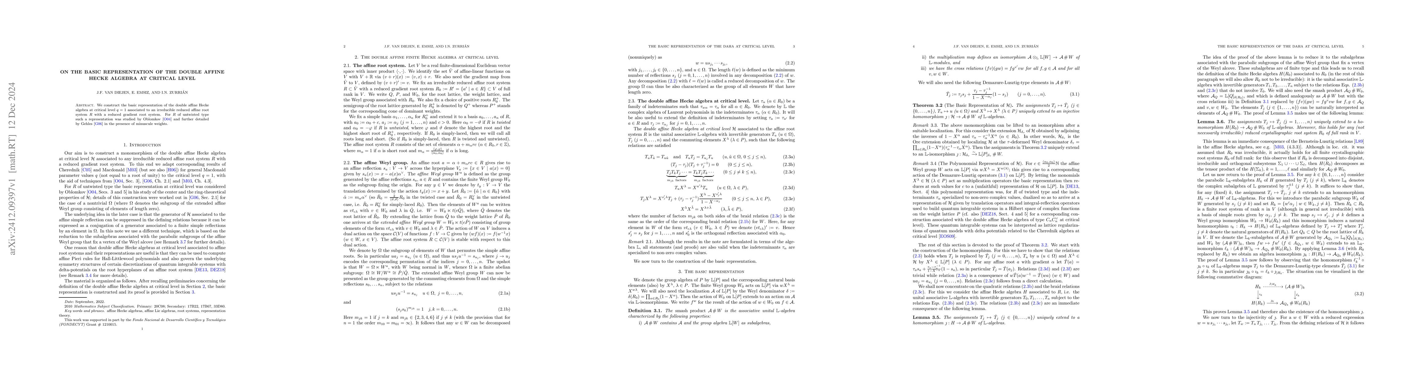 Thumbnail for On the basic representation of the double affine Hecke algebra at
  critical level