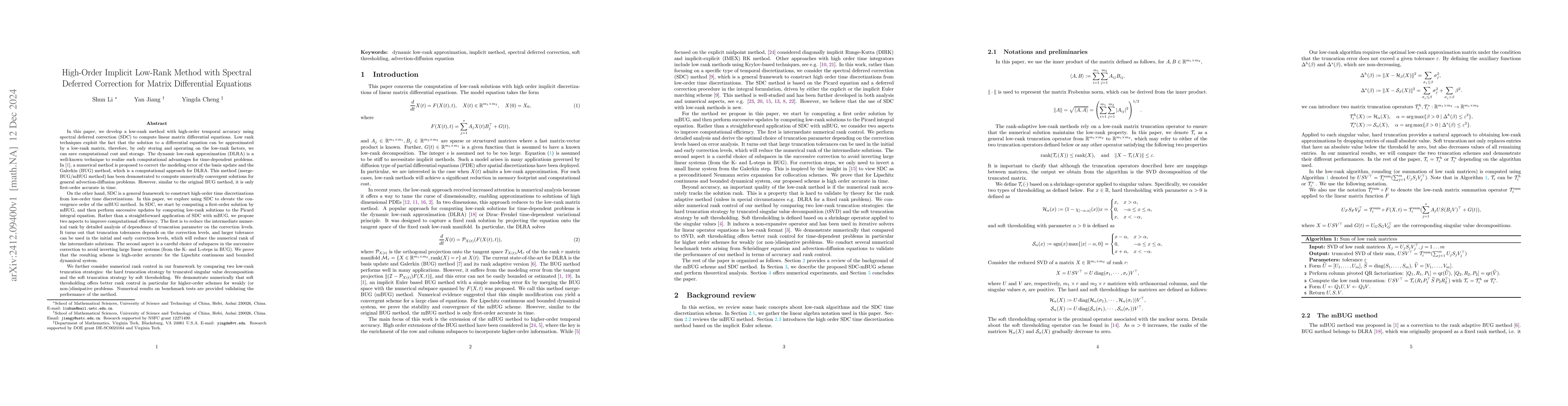 Thumbnail for High-Order Implicit Low-Rank Method with Spectral Deferred Correction
  for Matrix Differential Equations