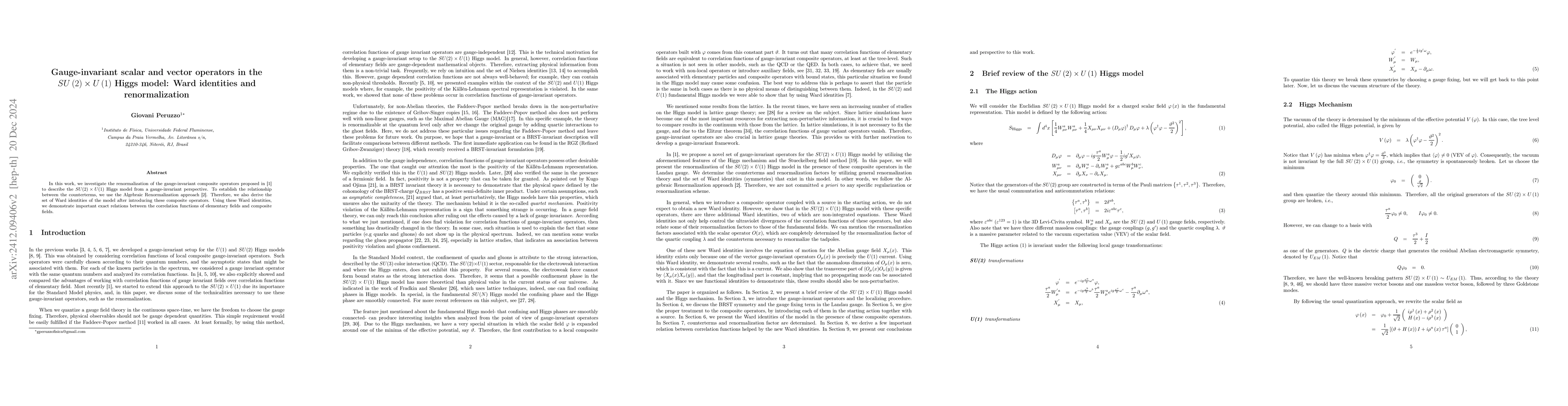 Thumbnail for Gauge-invariant scalar and vector operators in the
  $SU\left(2\right)\times U\left(1\right)$ Higgs model: Ward identities and
  renormalization