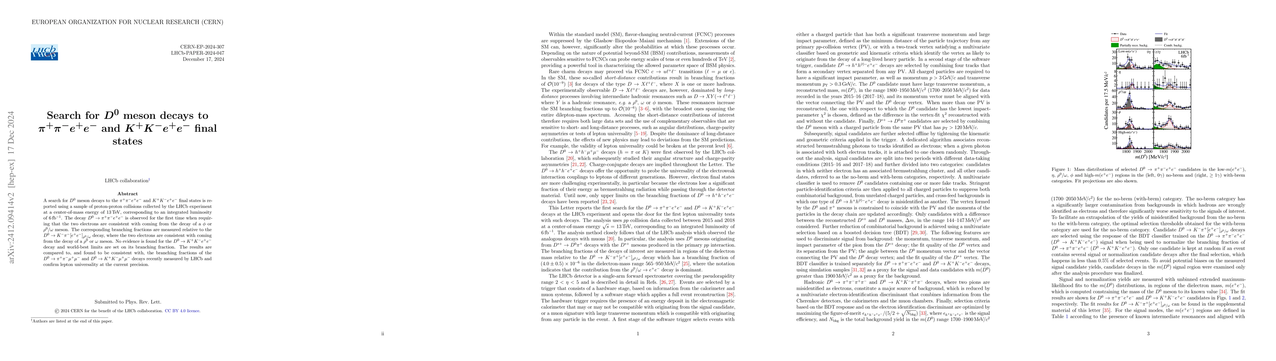 Thumbnail for Search for $D^0$ meson decays to $π^+ π^- e^+ e^-$ and $K^+ K^- e^+
  e^-$ final states
