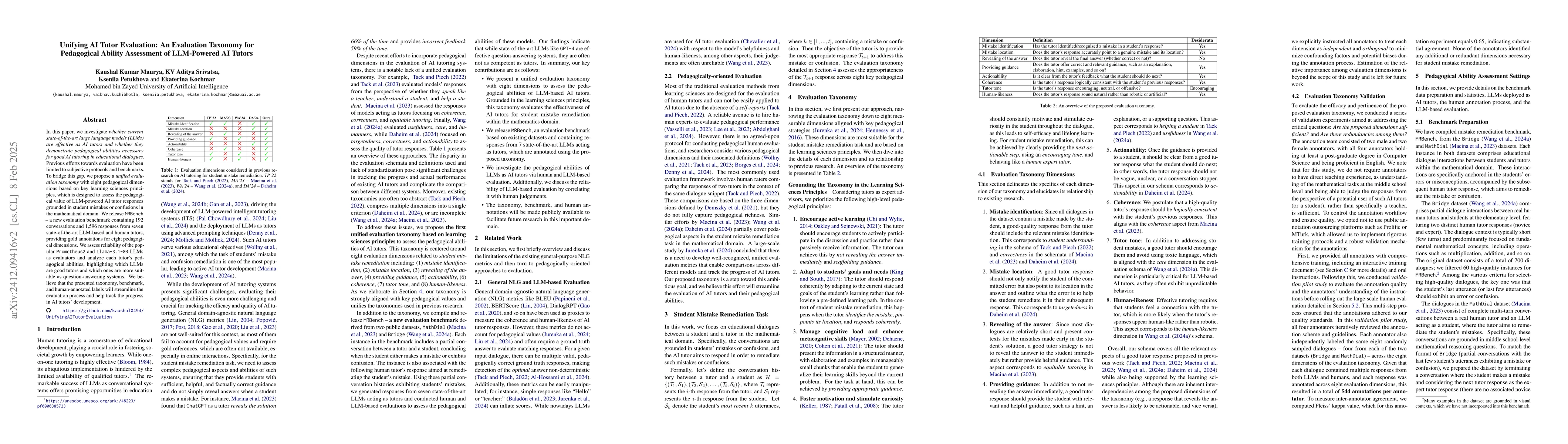 Thumbnail for Unifying AI Tutor Evaluation: An Evaluation Taxonomy for Pedagogical
  Ability Assessment of LLM-Powered AI Tutors