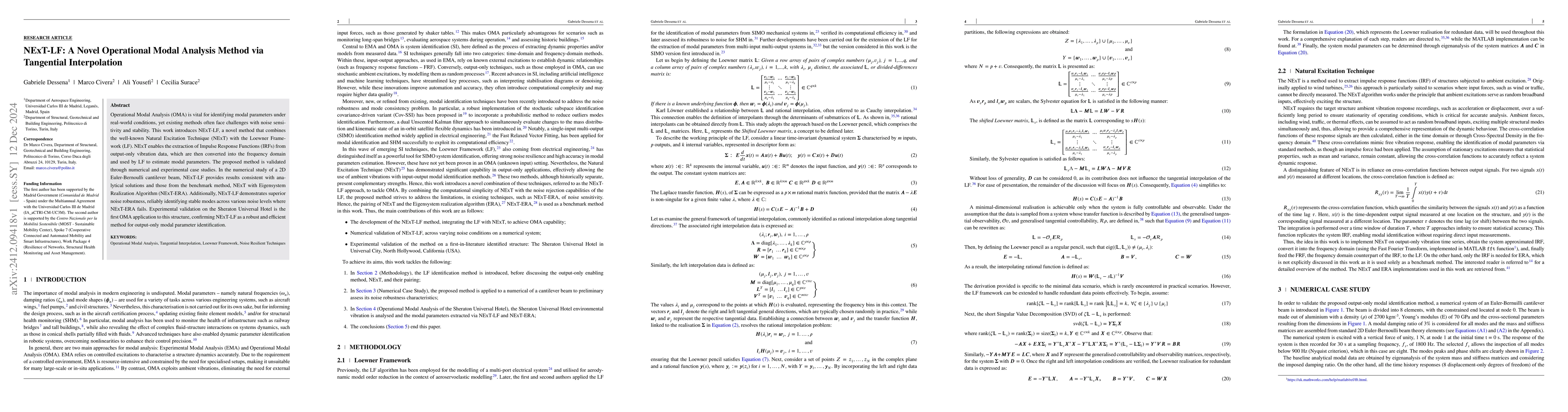 Thumbnail for NExT-LF: A Novel Operational Modal Analysis Method via Tangential
  Interpolation