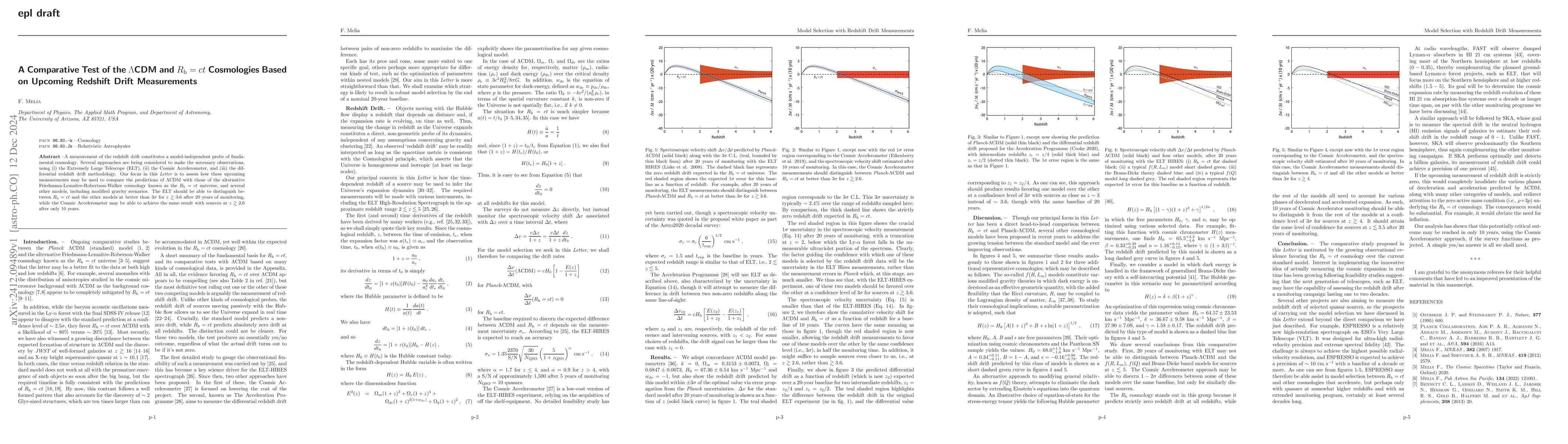 Thumbnail for A Comparative Test of the LCDM and R_h=ct Cosmologies Based on Upcoming
  Redshift Drift Measurements