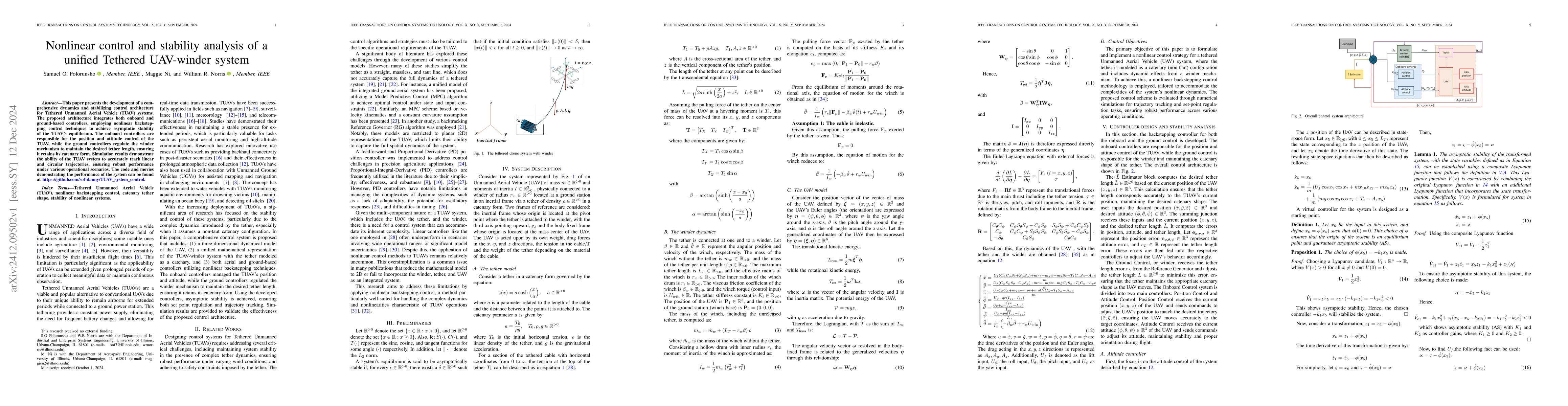 Thumbnail for Nonlinear control and stability analysis of a unified Tethered
  UAV-winder system