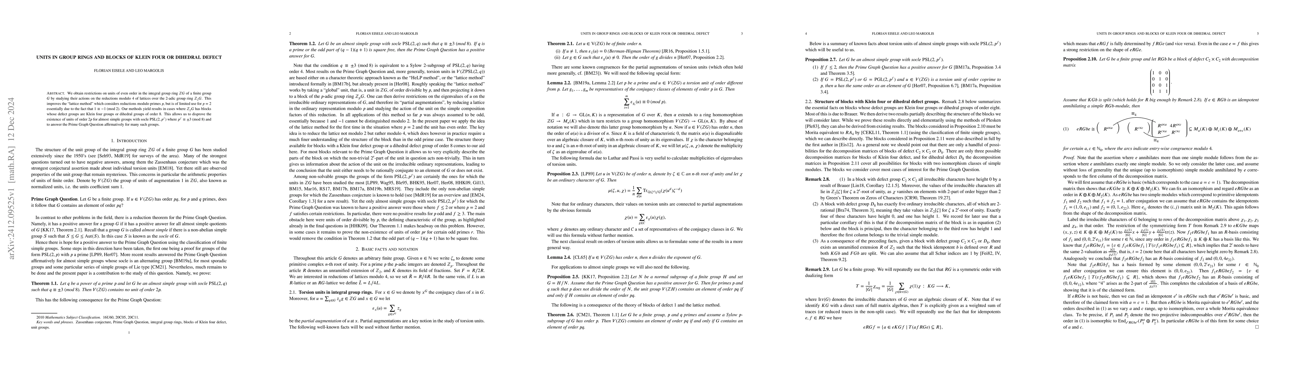 Thumbnail for Units in group rings and blocks of Klein four or dihedral defect