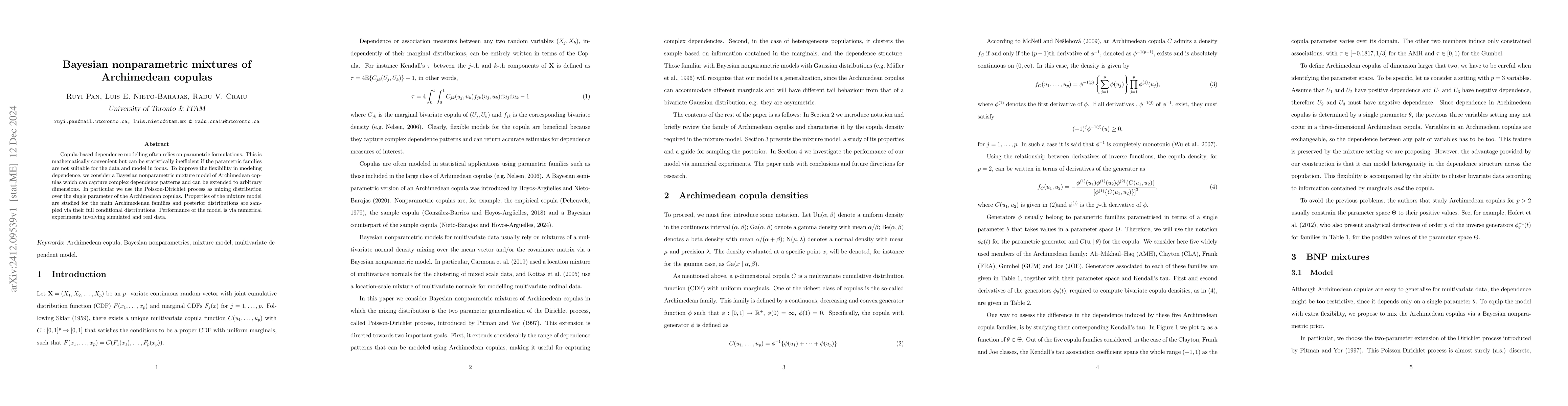 Thumbnail for Bayesian nonparametric mixtures of Archimedean copulas