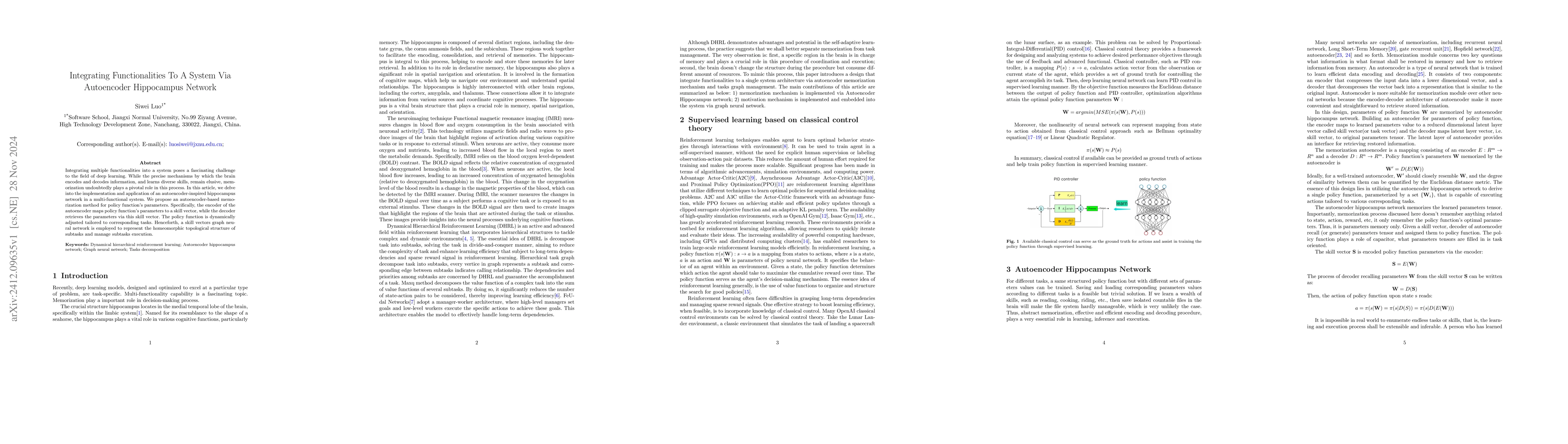 Thumbnail for Integrating Functionalities To A System Via Autoencoder Hippocampus
  Network