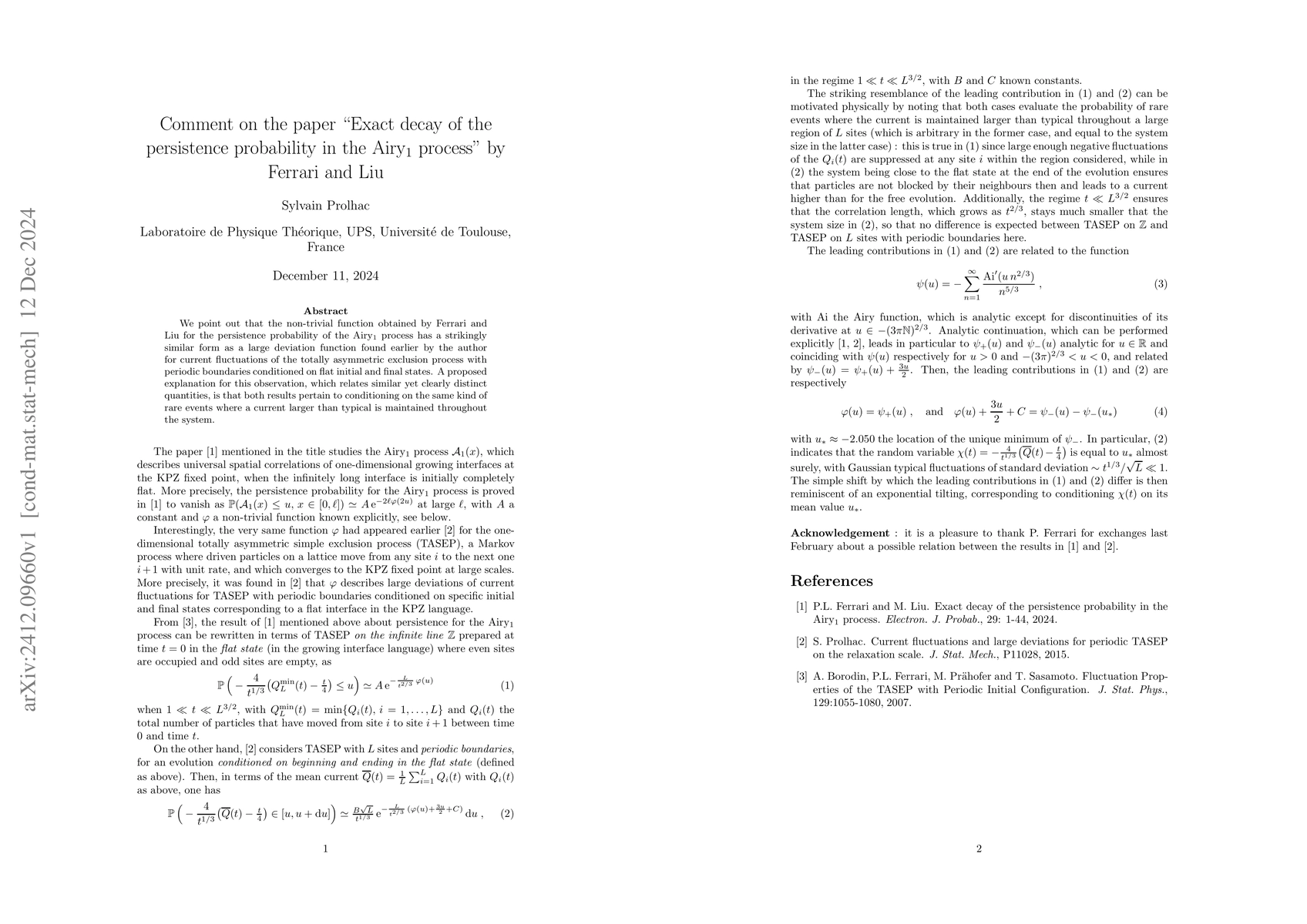 Thumbnail for Comment on the paper "Exact decay of the persistence probability in the
  Airy$_1$ process" by Ferrari and Liu