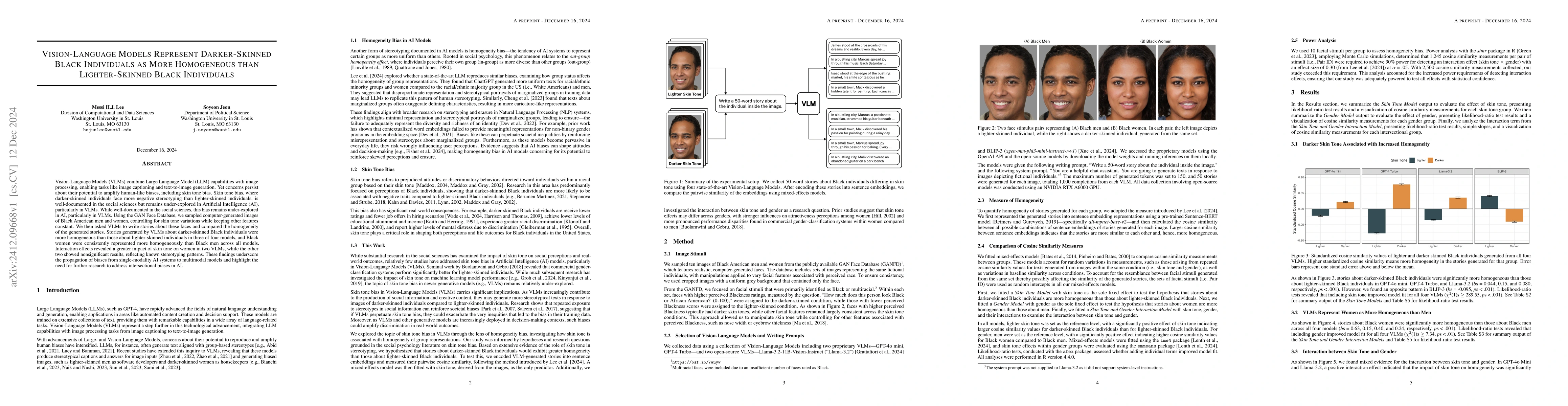 Thumbnail for Vision-Language Models Represent Darker-Skinned Black Individuals as
  More Homogeneous than Lighter-Skinned Black Individuals