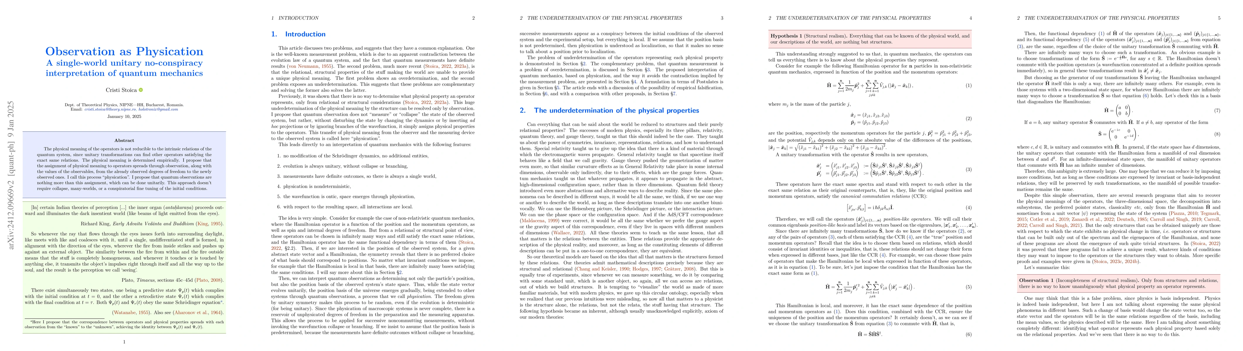 Thumbnail for Observation as Physication. A single-world unitary no-conspiracy
  interpretation of quantum mechanics