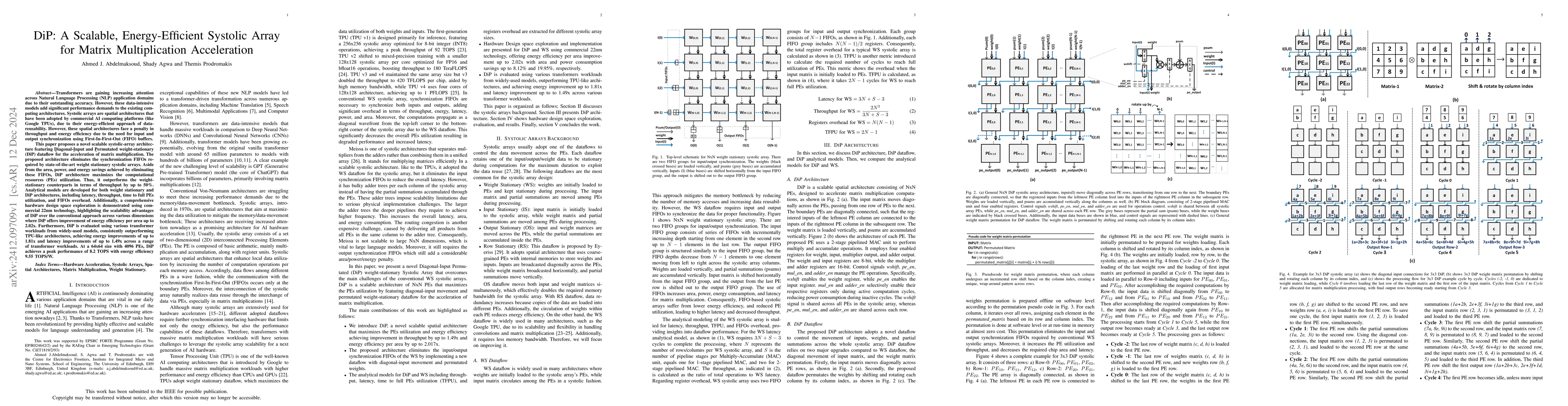 Thumbnail for DiP: A Scalable, Energy-Efficient Systolic Array for Matrix
  Multiplication Acceleration